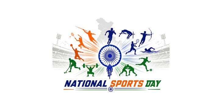 ​Action silhouettes of athletes playing different games with Ashoka Chakra for National Sports Day banner.