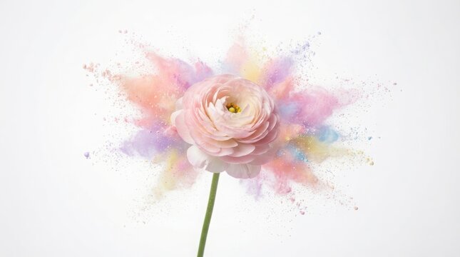 Pastel ranunculus flower with colorful powder explosion. Pink floral bloom with rainbow dust splash. Artistic botanical still life on white.