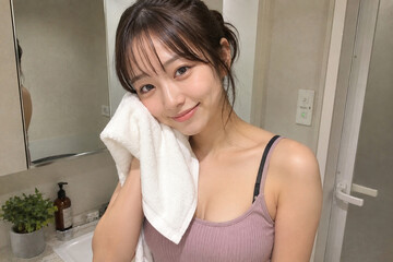 Naklejka premium 洗面所でタオルを肩にかけるベージュ服の女性