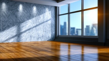 Fototapeta premium Sunlit modern room with wooden floors, large windows, and textured wall, city skyline outside