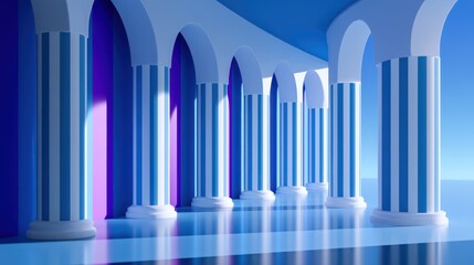 Fototapeta premium Blue abstract arches with striped columns create a futuristic, serene scene with soft lighting