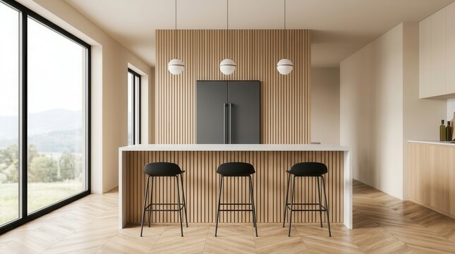 Modern cooking space and bar island within a cozy kitchen interior and a panoramic window.