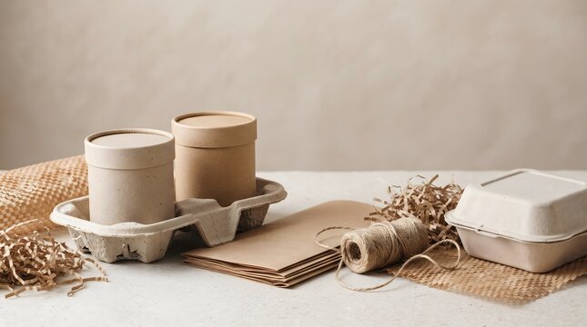 Eco-friendly packaging materials including paper containers, cardboard boxes, and biodegradable food containers arranged on a neutral surface.