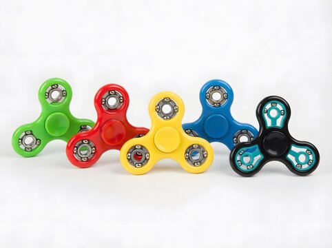 Colorful fidget spinners arranged in a row on a clean white background