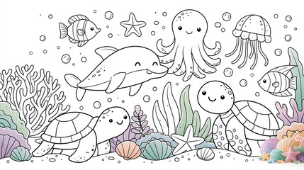 Fototapeta premium Cute Underwater Friends with Dolphin Octopus Sea Turtle and Tropical Fish, Ocean Coloring Page Illustration
