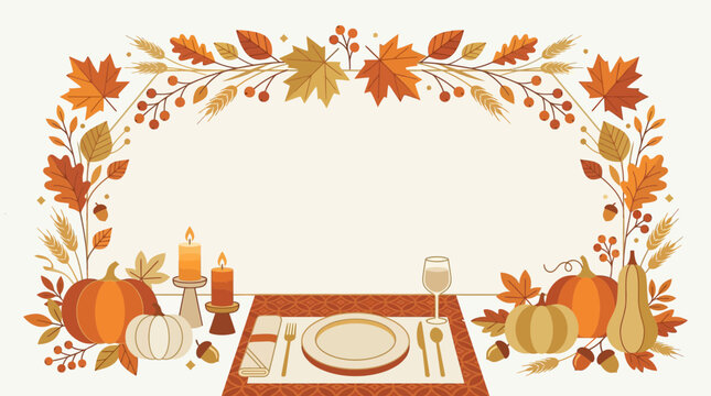 Thanksgiving dinner table setting frame features pumpkins, candles, autumn foliage, and copy space.
