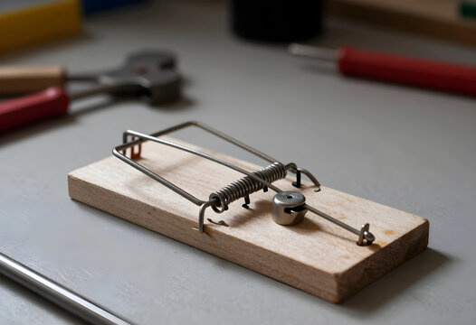 Classic wooden mousetrap with metal spring mechanism on a gray surface, pest control and risk