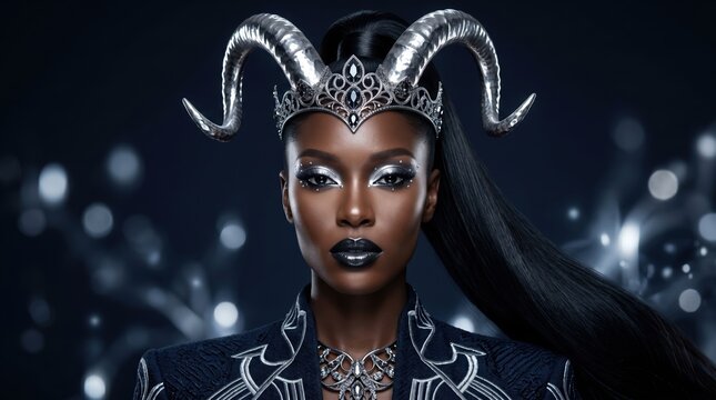 majestic woman wearing silver ram horn crown with metallic eye makeup, dark glossy lipstick and long ponytail against blue bokeh background