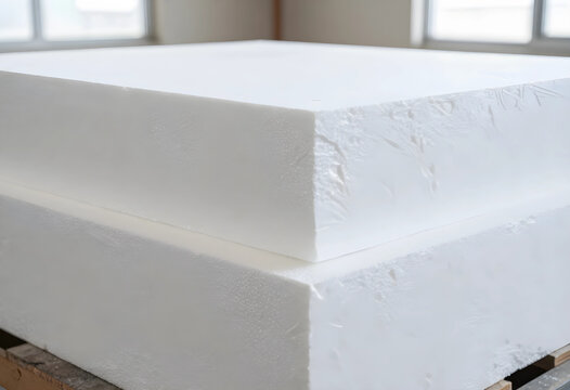 White expanded polystyrene foam sheets stacked for insulation and packaging material in construction or industrial setting