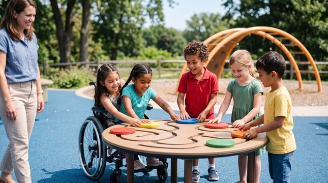 Friends share an accessible playground activity table