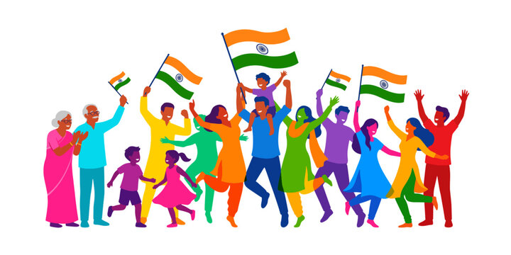 Diverse Indian family and community celebrating with flags, a vibrant vector illustration of unity and national pride. Happy people of all ages, joyful cultural gathering