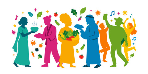 Fototapeta premium Diverse group of people sharing food and celebrating, a vibrant vector illustration of global community and cultural exchange, perfect for social inclusion and healthy eating themes.