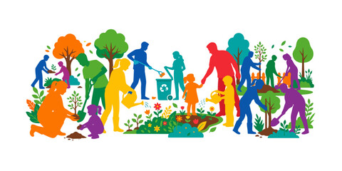 Fototapeta premium Vibrant community gardening vector illustration, diverse people planting trees and flowers, environmental conservation and sustainability concept, colorful flat design for eco-friendly projects