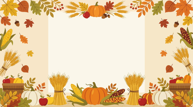 Autumn frame featuring pumpkins, wheat sheaves, corn, apples, and colorful leaves surrounds empty central copy space.