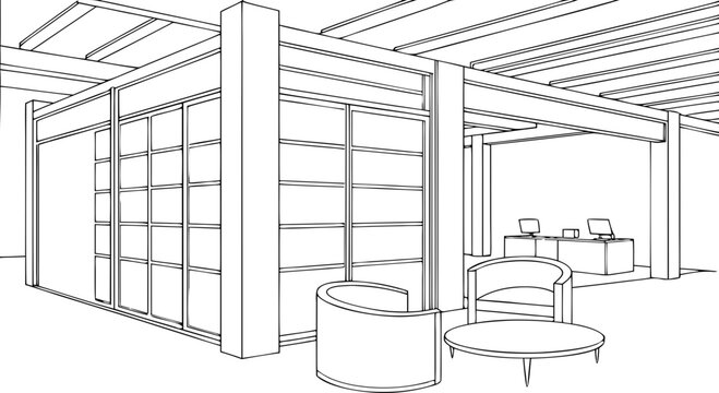 Architectural line of an office interior with grid windows silhouette