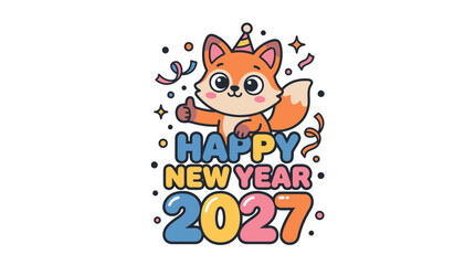 Fototapeta premium Cute cartoon fox celebrating Happy New Year 2027 33.