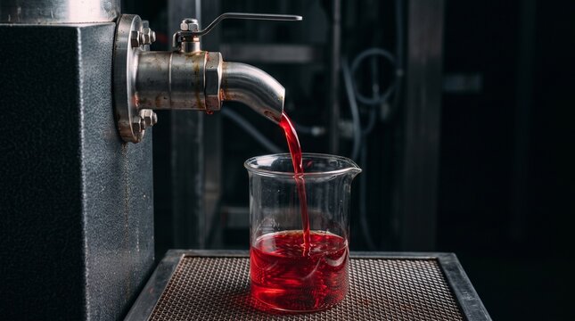 Crimson gac oil flows from a fruit press outlet