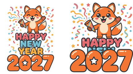 Obraz premium Cute cartoon fox celebrating Happy New Year 2027 with confetti 1.