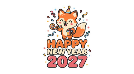 Fototapeta premium Cute cartoon fox celebrating Happy New Year 2027 with party accessories.