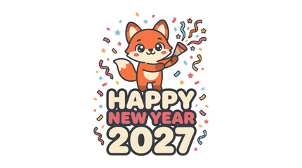 Fototapeta premium Cute cartoon fox character celebrating the happy new year 2027.
