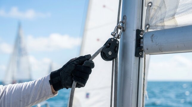 Nautical sports and yachting concept featuring a sailor adjusting sails and rigging