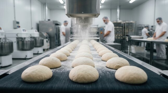 Commercial bakery scene with raw bread dough portions moving on a conveyor belt and automated flour sprinkling