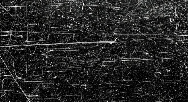Distressed Scratched Film Texture Overlay with Heavy Grain and Dust Particles on Black Background