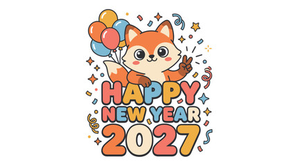 Fototapeta premium Cute fox character celebrating New Year 2027 with colorful balloons.