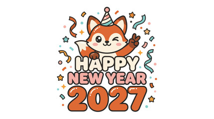 Fototapeta premium Cute Fox Character Wearing Party Hat Celebrating Happy New Year 2027.