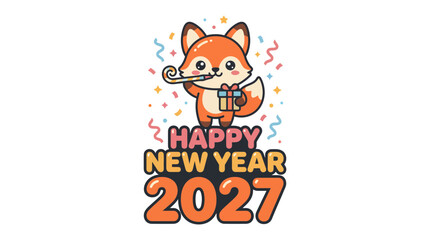 Fototapeta premium Cute fox holding a gift box celebrating Happy New Year 2027.