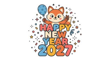 Fototapeta premium Cute Cartoon Fox Celebrating Happy New Year 2027.