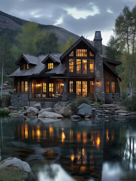 Luxurious wooden mountain chalet and stone house by a tranquil alpine lake with warm glowing interior lights at dusk