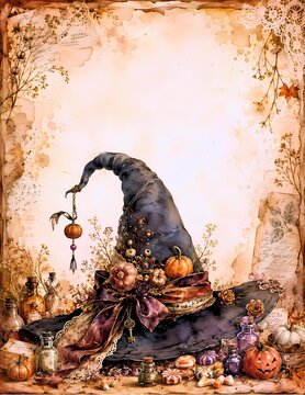 A spooky Halloween witch hat adorned with pumpkins and potion bottles, set against an aged, decorative background with autumnal elements
