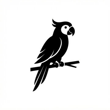 Parrot silhouette icon. Black macaw bird vector graphic on a branch.
