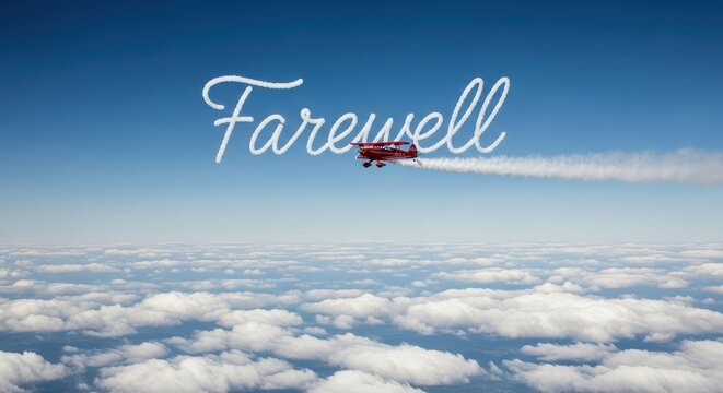 Red Biplane Skywriting Farewell Message Over a Sea of Clouds in a Clear Blue Sky - Conceptual Aerial View