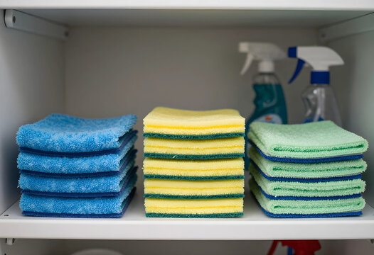 Stacks of colorful microfiber cleaning cloths and spray bottles on a white shelf, organized for household chores