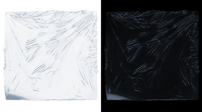 Transparent plastic wrap texture, wrinkled cellophane overlay on white and black backgrounds, realistic polyethylene film for product packaging mockups