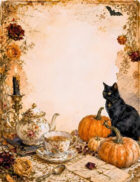 A spooky vintage Halloween illustration featuring a black cat, pumpkins, a candelabra with a lit candle, and a tea set, surrounded by dried roses and autumn leaves.