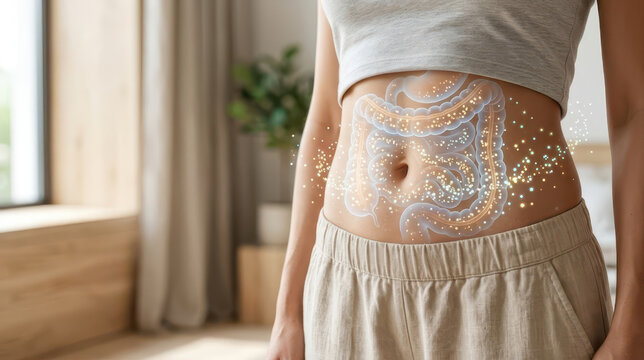 Gut microbiome probiotics digestive health gut health woman abdomen illustration glowing light particles