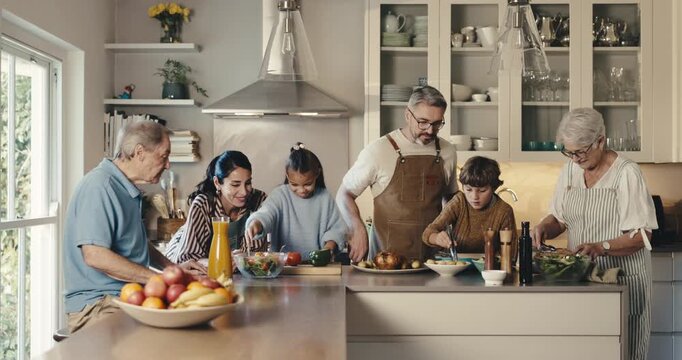 Cooking, ingredients and big family in kitchen at house for bonding, care and learning culinary skills. Happy, generations and children with grandparents and parents for preparing supper together.