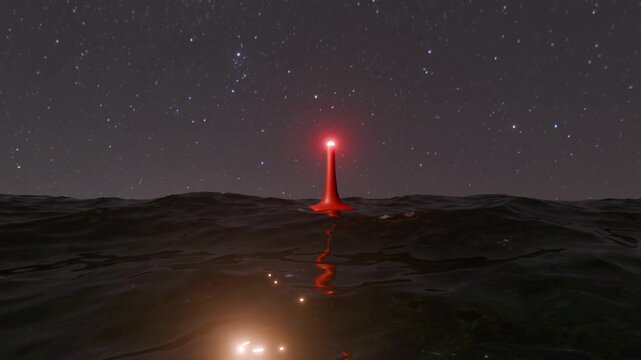 Cinematic 3D animation of a red square-based navigation buoy swaying amidst large, dynamic ocean waves in the deep open sea. The buoy features a flashing red warning light at its tip.