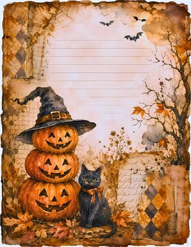 A charming watercolor illustration for Halloween, featuring a stack of three carved pumpkins wearing a witch hat, a black cat with a bow, and autumn leaves. The background has a vintage.