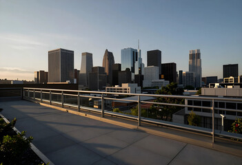 Fototapeta premium Modern city skyline with diverse architecture viewed from a rooftop terrace at sunset, Urban landscape during sunset, with warm light casting long shadows across the buildings and the terrace
