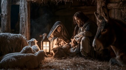 Fototapeta premium Nativity scene with mary, joseph, baby jesus, and animals