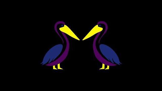 Pair of Colorful Pelican Birds Facing Each Other Vector Illustration Isolated on Black Background