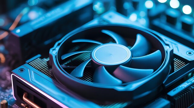Close-up macro photograph of a high performance computer cooling fan mounted on a motherboard circuit board
