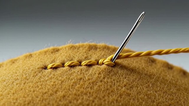 Needle and yellow thread stitching through soft felt fabric, showcasing the continuous sewing process in a close-up view of textile craftsmanship and detail
