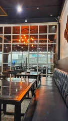 Fotobehang Horeca Modern Cafe Interior with Glass Windows  © BOCCHI DESIGN