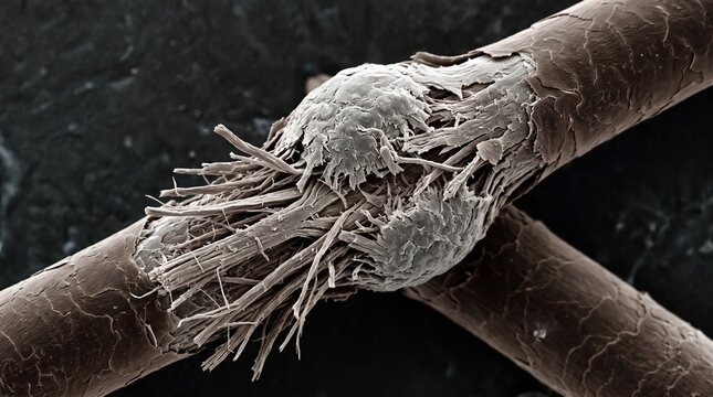 Scanning electron microscope style view of severely damaged split hair shaft cuticle