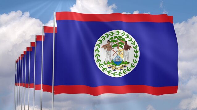 Multiple Belize Flags Waving on Blue Sky Background